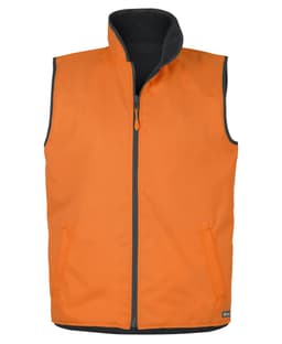 An orange reversible vest with a black interior, featuring a zip front and side pockets. It has a logo.