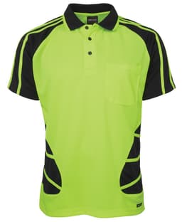 A bright lime green and black work polo shirt featuring a chest pocket and contrasting side panels.