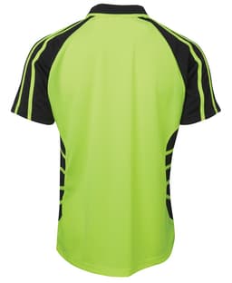A bright green and black polo shirt with a sporty design and logo on the back.