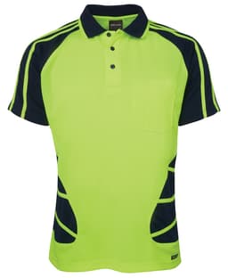 A short-sleeved polo shirt in hi-vis yellow and navy, featuring a pocket and contrasting side stripes.