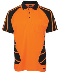 An orange and black polo shirt featuring a pocket and contrasting panels, with a logo on the design.