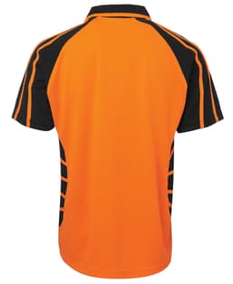An orange and black polo shirt with a logo, featuring a sporty design and mesh details.