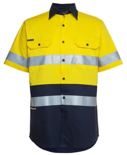 A short-sleeved work shirt in bright yellow and navy, featuring reflective strips and a logo.