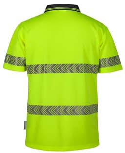 A bright yellow safety polo shirt featuring reflective stripes and a collar, with a logo present.