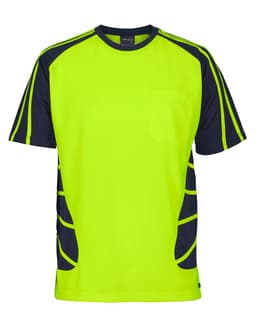 A bright lime green and navy T-shirt with a pocket, featuring contrasting design elements and a logo.