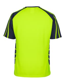 A work t-shirt in bright yellow with navy accents on the sleeves and sides, featuring a logo.