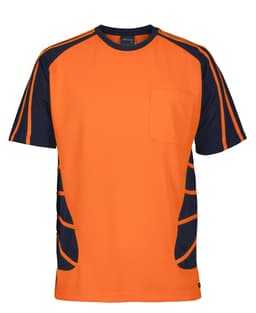 An orange and navy work t-shirt featuring a pocket and contrasting side panels. It has a logo on the front.