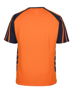A work t-shirt featuring an orange body with navy blue sleeves and side details. It includes a logo on the back.