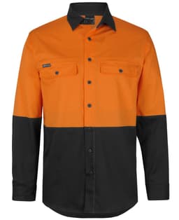 An orange and black long-sleeve work shirt with two chest pockets and a logo on the front.