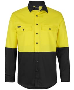 A long-sleeve work shirt in bright yellow and black with two chest pockets and a logo on the front.