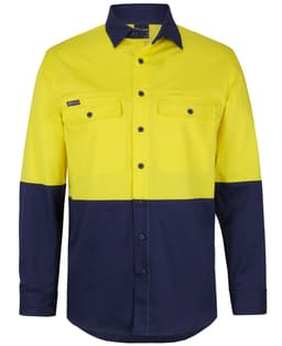 A long-sleeved work shirt in high visibility yellow and navy blue, featuring two chest pockets and a logo.