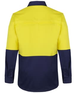 A long-sleeved work shirt in high-visibility yellow and navy blue, featuring a logo on the back.