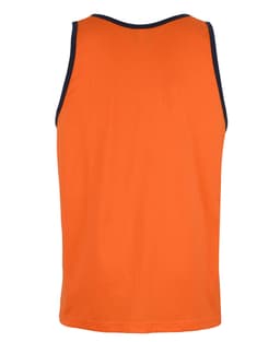 An orange singlet with a dark neckline, designed as workwear. It features a logo on the back.