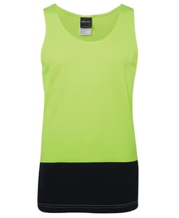 A high-visibility singlet in bright lime green with a black bottom section, featuring a logo.