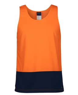 An orange and navy work singlet featuring a logo on the front, designed for workwear.