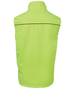 A high-visibility yellow work vest with a sleek design and a logo on the back.