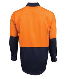 A long-sleeve work shirt featuring high-visibility orange and navy blue colours, with a collar and a logo.
