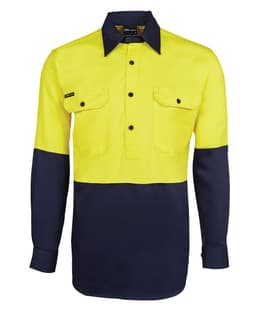 A long-sleeved work shirt in high visibility yellow with navy blue sections and two front pockets.