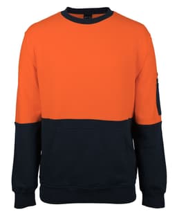A cotton crew neck fleece jumper in orange and navy blue, featuring a pocket on the sleeve and a logo.