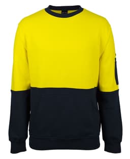 A yellow and navy crew neck fleece jumper with a front pocket and a sleeve pocket, featuring a logo.