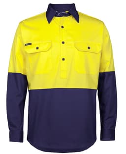 A long-sleeve work shirt featuring a yellow upper section and navy blue lower section, with two front pockets and a logo.