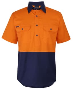 An orange and navy short-sleeved work shirt featuring front pockets and a collar, with a logo on the chest.