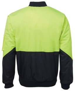A high-visibility flying jacket in neon yellow and navy blue. Features a logo and ribbed cuffs.