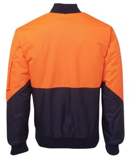Hi-vis jacket in orange and navy, featuring a zip front and a pocket on the sleeve. Includes logo branding.