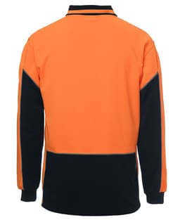 An orange and navy long-sleeve polo shirt with a branding logo on the back. Suitable for workwear.