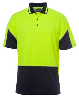 A bright high-visibility yellow and navy polo shirt, featuring a pocket and branding. Suitable for workwear.