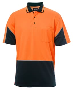 An orange and navy work polo shirt featuring a pocket and a logo. Ideal for workwear use.