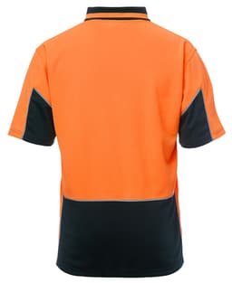 An orange and black short-sleeve polo shirt with a logo, featuring contrast stitching and a collar.