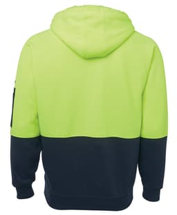 A fleece hoodie featuring a high-visibility yellow upper section and a navy blue lower section, with a logo present.