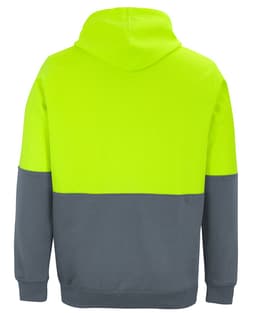A high-visibility pullover hoodie in fluorescent yellow and grey, featuring a hood and a plain design with a logo.