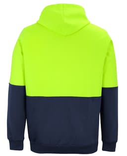 A bright yellow and navy hoodie with a hood and long sleeves, featuring a branding logo.