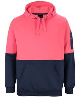 A pink and navy hoodie with a front pocket and a logo on the sleeve. Ideal for workwear or casual wear.