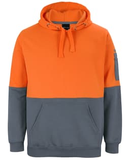 An orange and grey hoodie featuring a front pocket and a logo. Designed as workwear for comfort and durability.