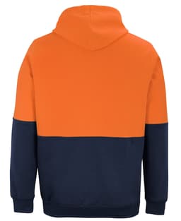 An orange and navy blue hoodie with a hood, featuring a colour-block design and a logo on the front.