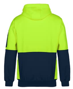 A hoodie featuring a high-visibility yellow upper and navy blue lower section, with a logo on the left sleeve.
