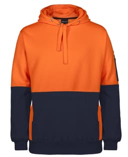 An orange and navy pullover hoodie featuring a front pocket and a logo on the sleeve.