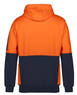 An orange and navy hoodie with a hood, featuring a logo on the sleeve. Ideal for workwear use.