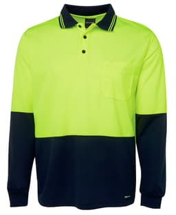 A high-visibility long sleeve polo shirt in bright yellow and navy blue, featuring a chest pocket and logo.