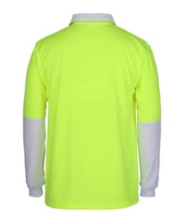 A long-sleeve polo shirt in high visibility yellow with grey sleeves, featuring a logo on the chest.