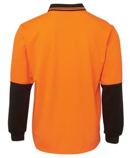 An orange long-sleeve polo shirt with black sleeves and a collar, featuring a logo on the front.
