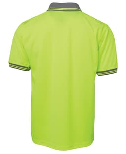 A bright yellow work polo shirt featuring contrasting grey accents and a logo.