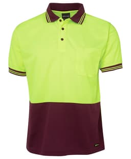 A high-visibility polo shirt in bright yellow and maroon, featuring a collar, pocket, and a logo.
