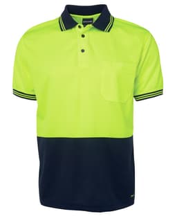 A high-visibility short-sleeve polo shirt in bright yellow and navy blue with a front pocket and contrasting stripes.