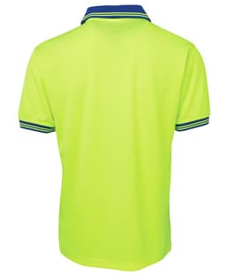 A bright yellow polo shirt with a blue collar and striped detailing. The back view highlights the vibrant colour and design.