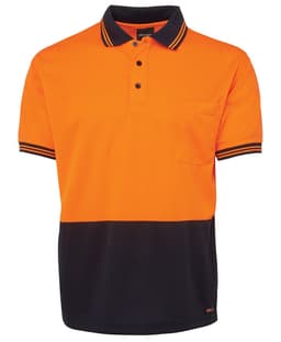 An orange and navy polo shirt featuring a pocket and a logo.