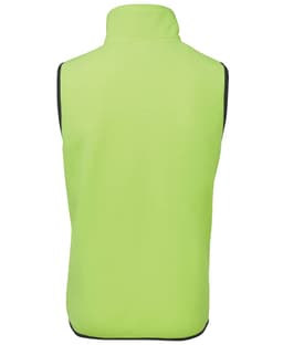 A high-visibility lime green work vest with black trim, featuring a stand-up collar and no sleeves.